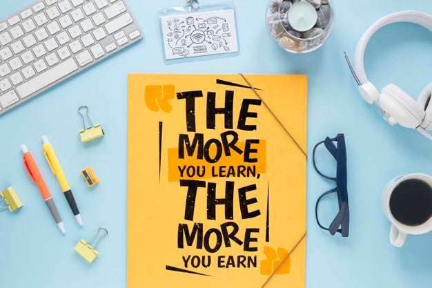 Top View Business Desk With Motivational Message Psd