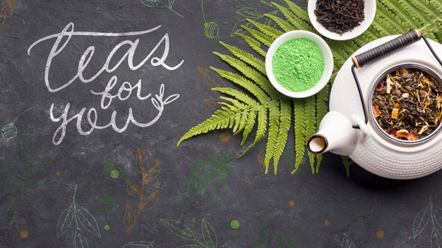 Top View Ceramic Tea Pot With Delicious Herbs Psd