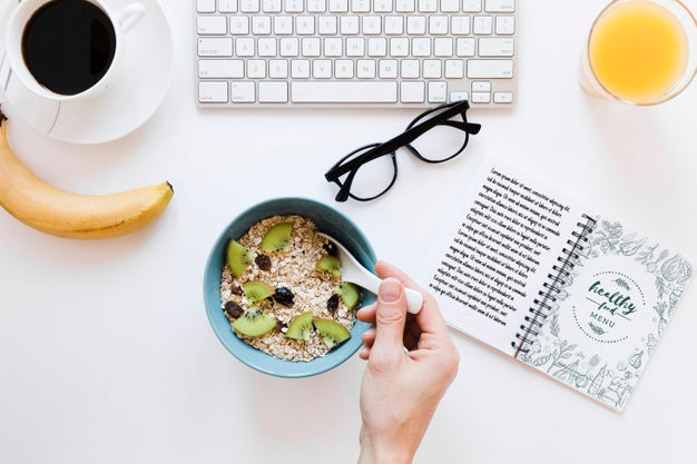 Top View Cereal Bowl With Orange Juice And Coffee Psd
