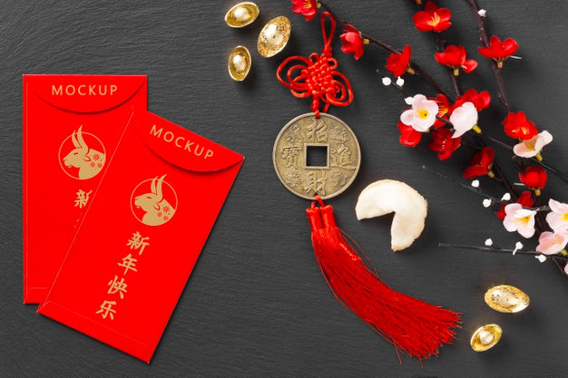 Top View Chinese New Year 2021 With Envelopes Mock-Up Psd