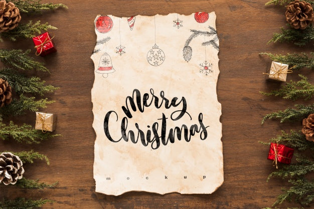 Top View Christmas Composition With Old Paper Mockup Psd