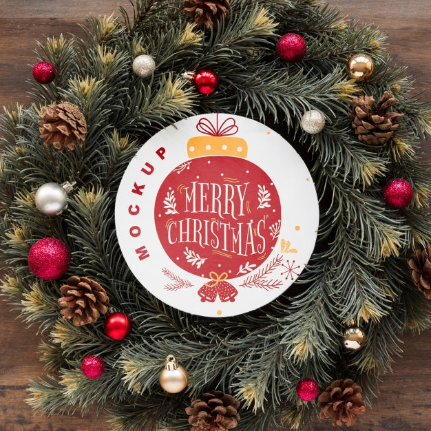Top View Christmas Composition With Round Paper Mockup Psd