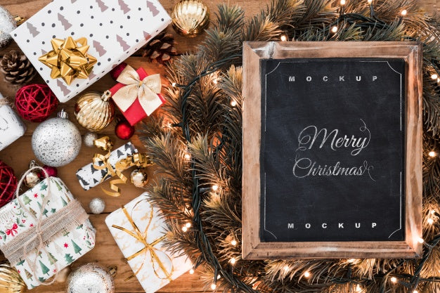 Top View Christmas Composition With Slate Mockup Psd