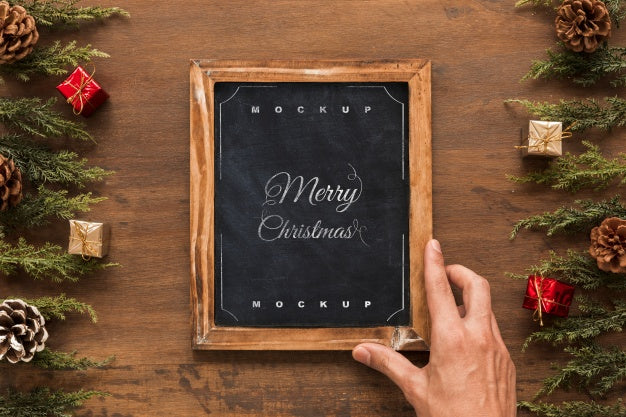 Top View Christmas Composition With Slate Mockup Psd