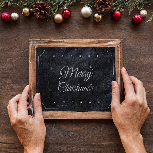 Top View Christmas Composition With Slate Mockup Psd