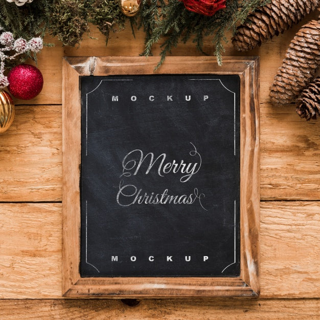 Top View Christmas Composition With Slate Mockup Psd