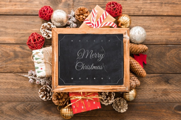 Top View Christmas Composition With Slate Mockup Psd