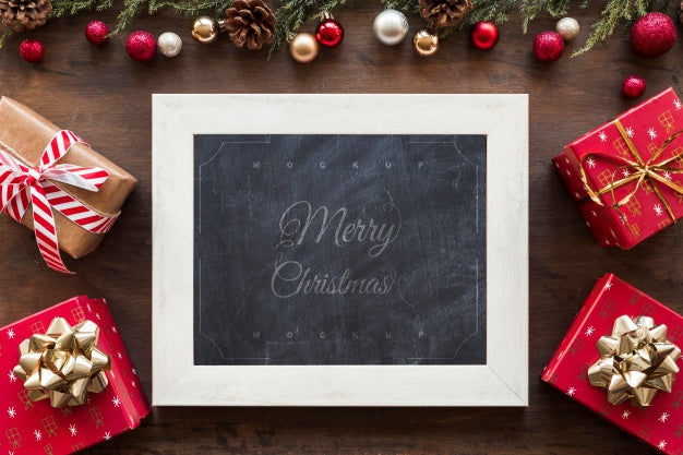 Top View Christmas Composition With Slate Mockup Psd