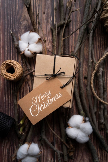 Top View Christmas Gift With Tag Psd