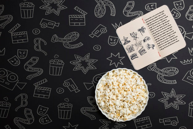 Top View Cinema Arrangement On Black Background With Hand Drawn Elements Psd