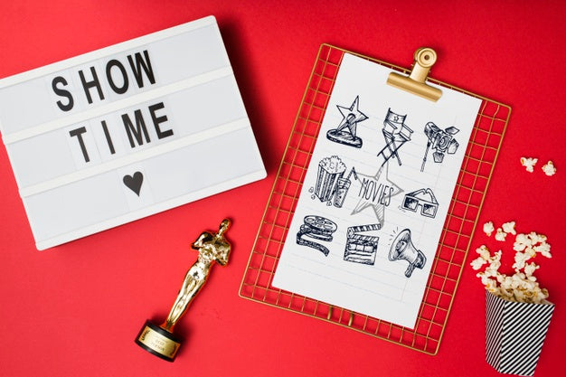 Top View Cinema Arrangement On Red Background Psd