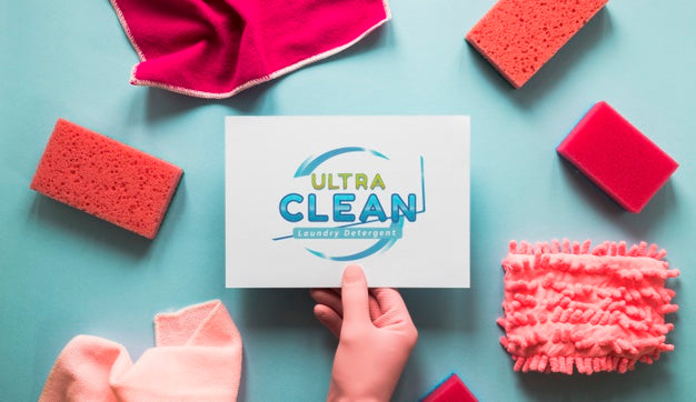 Top View Cleaning Service Equipment With Card Mock-Up Psd