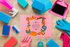 Top View Cleaning Service Equipment With Pink Card Mock-Up Psd