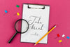 Top View Clipboard And Magnifying Glass Psd