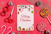 Top View Clipboard With Candies And Scissors Psd
