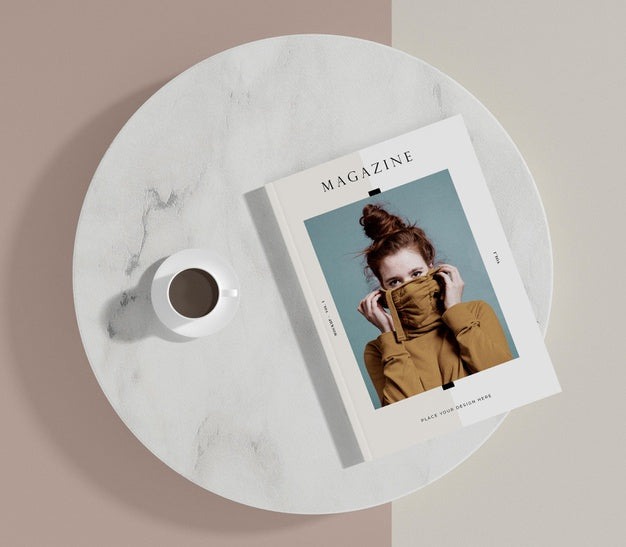 Top View Coffee And Editorial Magazine Mock-Up Psd
