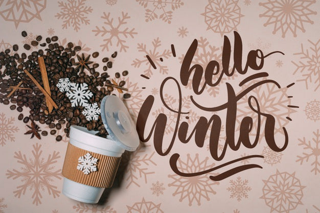 Top View Coffee Beans And Hello Winter Lettering Psd