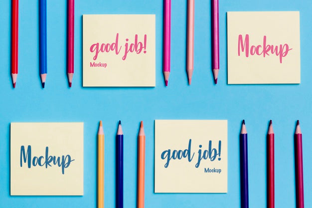 Top View Collection Of Notes And Colorful Pencils Psd