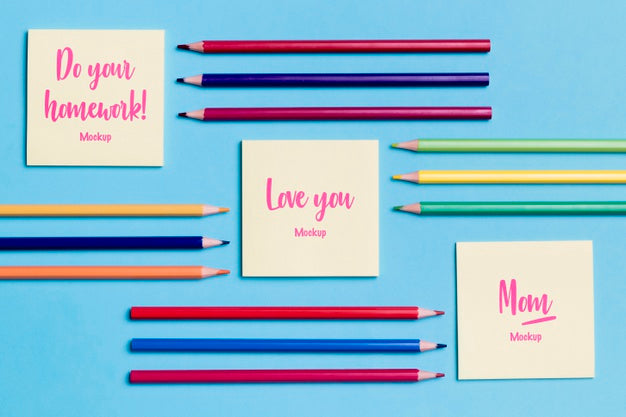 Top View Collection Of Pencils And Notes With Mock-Up Psd