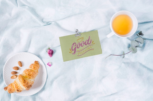 Top View Collection With Croissants And Tea Psd