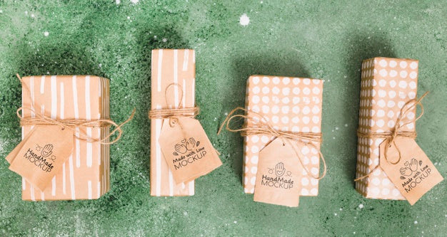 Top View Collections Of Presents With Tags Psd