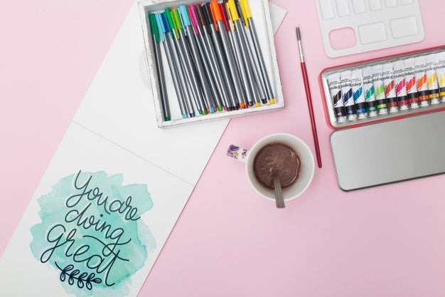 Top View Colorful Pens With Tempera Psd