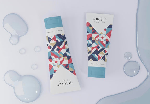 Top View Cosmetic Containers And Bubbles Psd