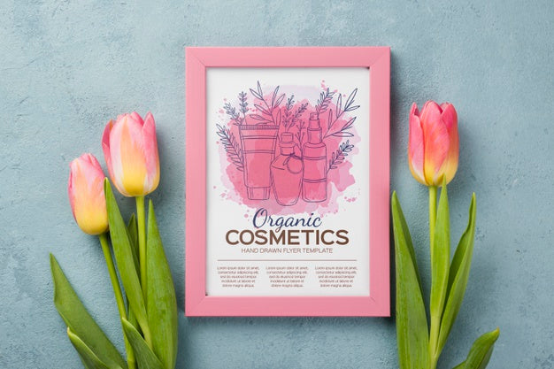Top View Cosmetics Mockup With Flowers Psd