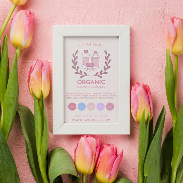 Top View Cosmetics Mockup With Flowers Psd