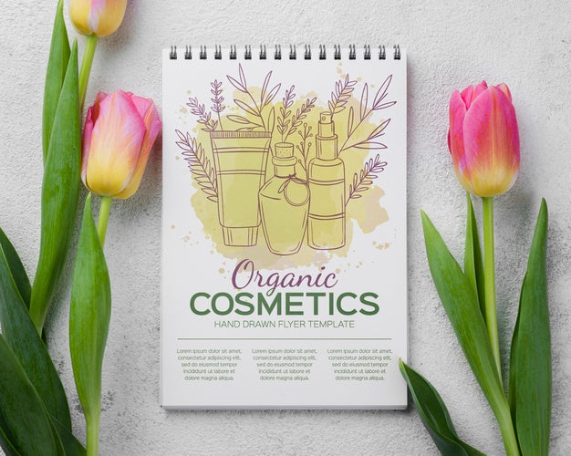 Top View Cosmetics Mockup With Flowers Psd