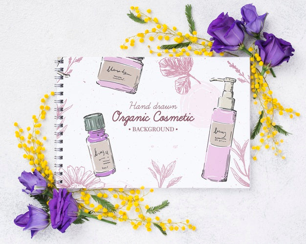 Top View Cosmetics Mockup With Flowers Psd