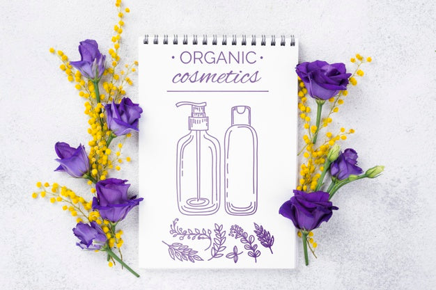 Top View Cosmetics Mockup With Flowers Psd