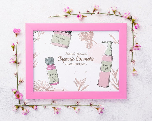 Top View Cosmetics Mockup With Flowers Psd