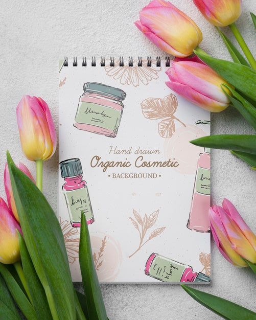 Top View Cosmetics Mockup With Flowers Psd