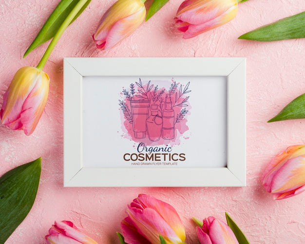 Top View Cosmetics Mockup With Flowers Psd