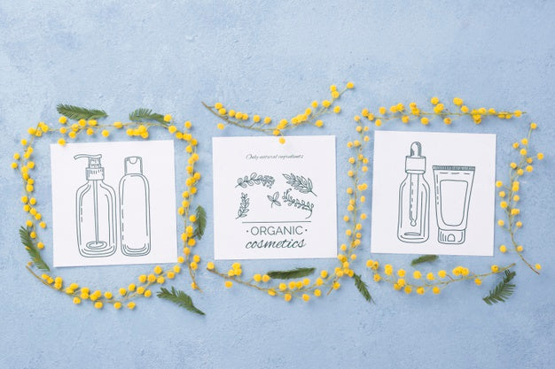 Top View Cosmetics Mockup With Flowers Psd