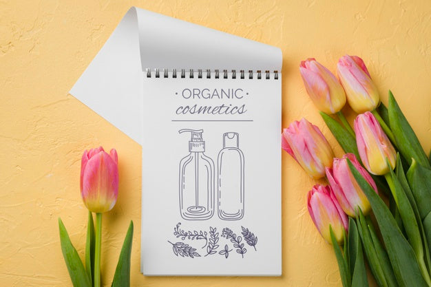 Top View Cosmetics Mockup With Flowers Psd