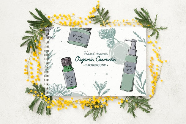 Top View Cosmetics Mockup With Flowers Psd
