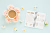 Top View Cup Of Coffee With Flowers Psd