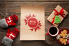 Top View Cup Of Coffee With Gingerbread And Gift Boxes Psd