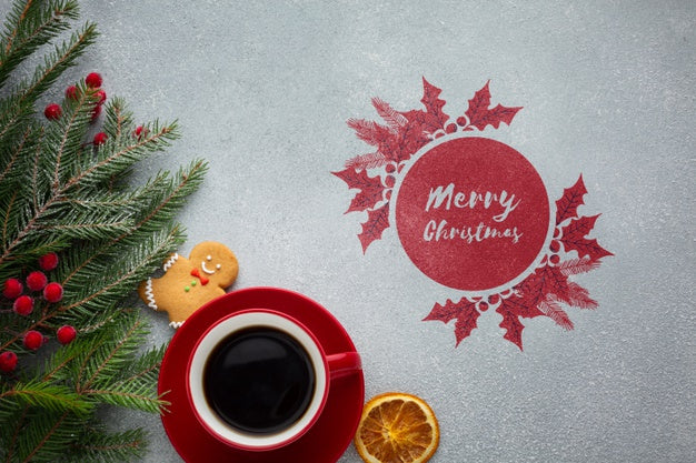 Top View Cup Of Coffee With Watercolour Merry Christmas Design Psd