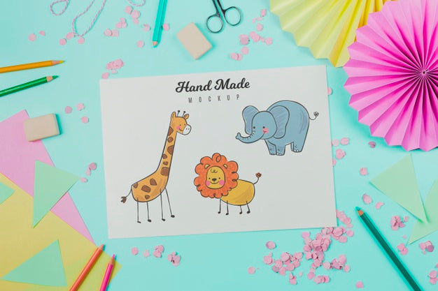 Top View Cute Hand Made Drawing Psd