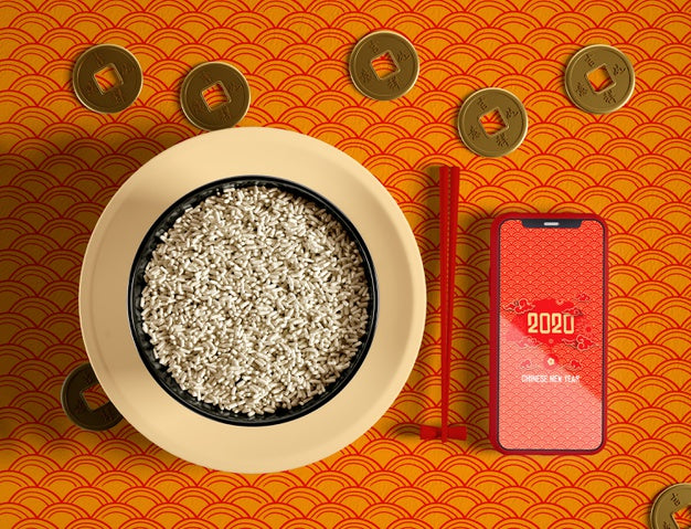 Top View Delicious Bowl Of Rice And Phone Mock-Up Psd