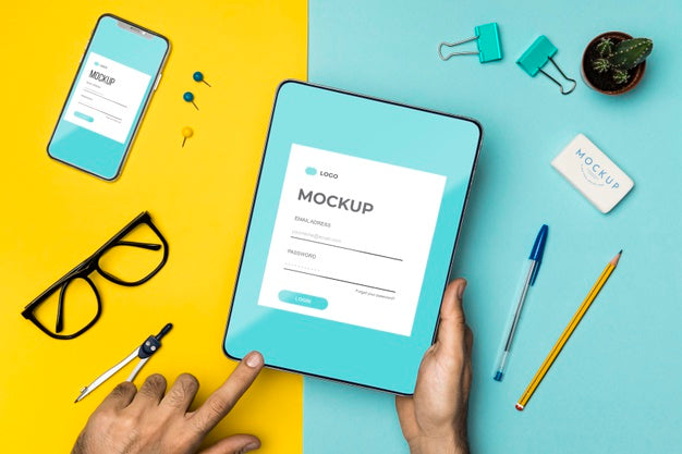 Top View Desk Arrangement And Devices Psd