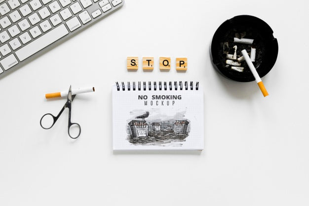 Top View Desk Arrangement With Cigarettes Psd