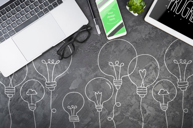 Top View Desk Concept With Cement Background Psd