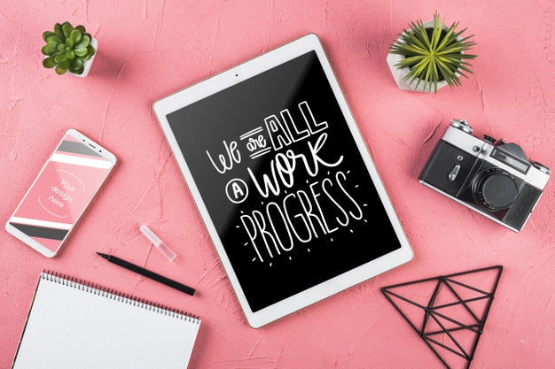 Top View Desk Concept With Devices Psd