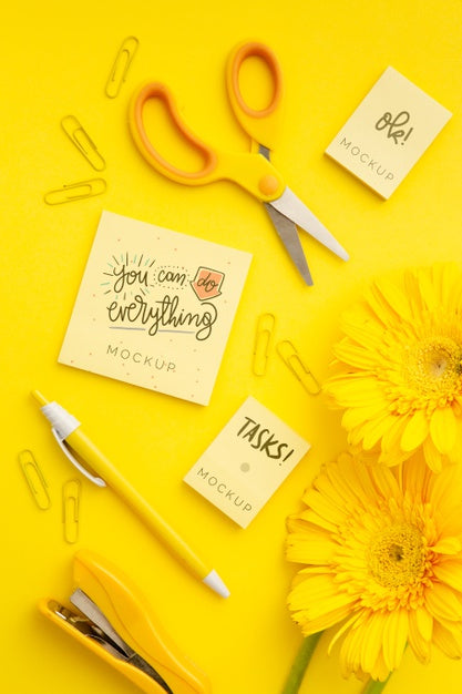 Top View Desk Concept With Flowers Psd