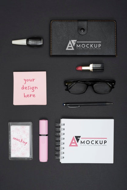 Top View Desk Concept With Items Psd