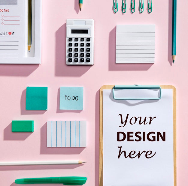Top View Desk Concept With Mock-Up Clipboard Psd